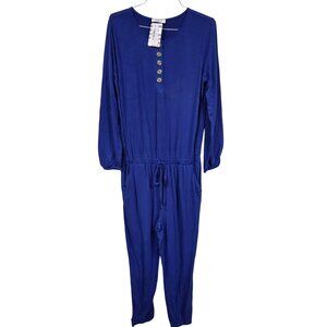 Zenana Womens XL Jumpsuit Blue Long Sleeve Button-Front Drawstring Waist Pockets